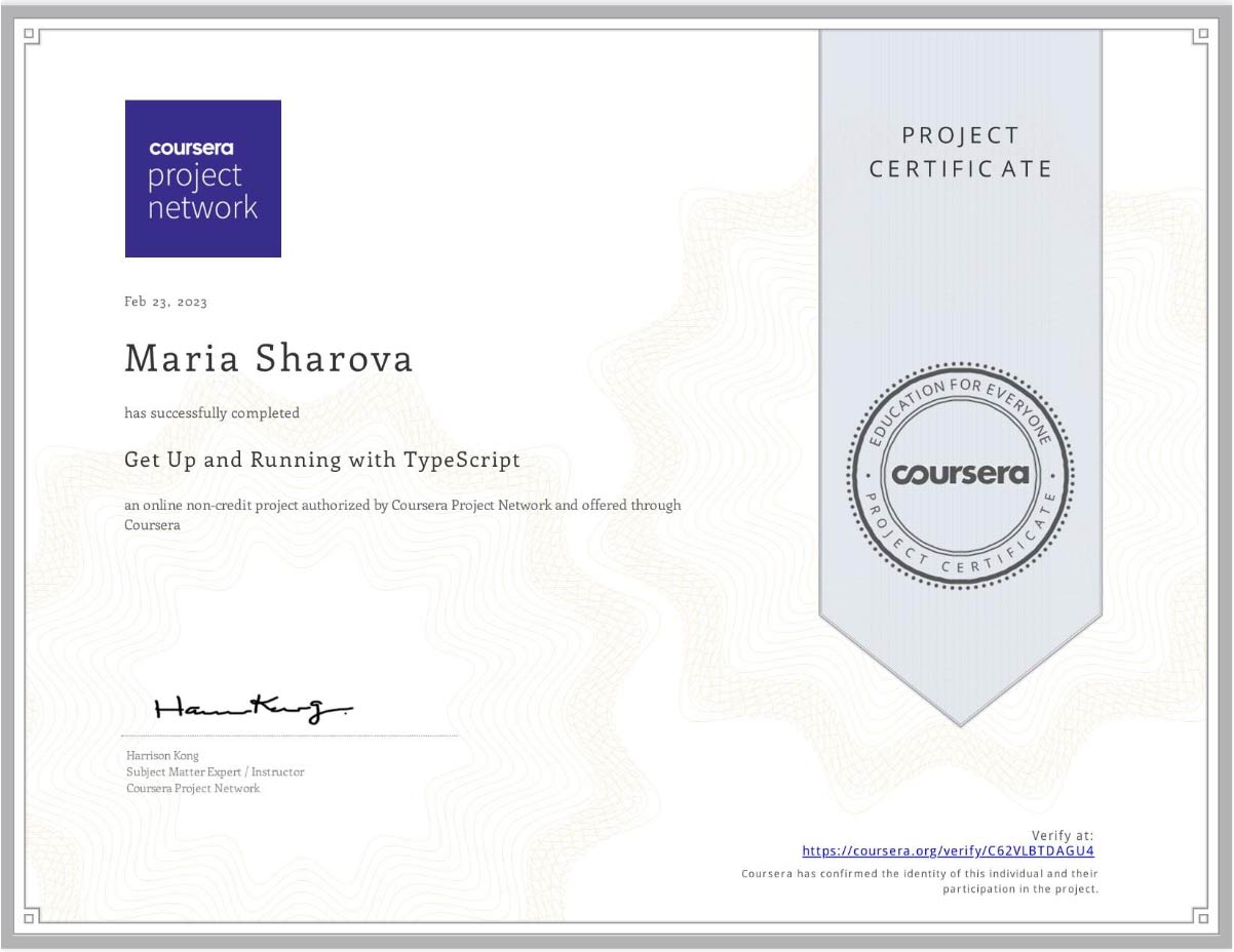 Coursera Get Up and Running with TypeScript certificate