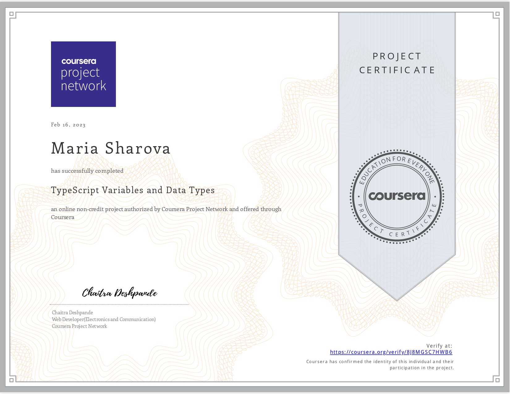 Coursera TypeScript Variables and Data Types certificate