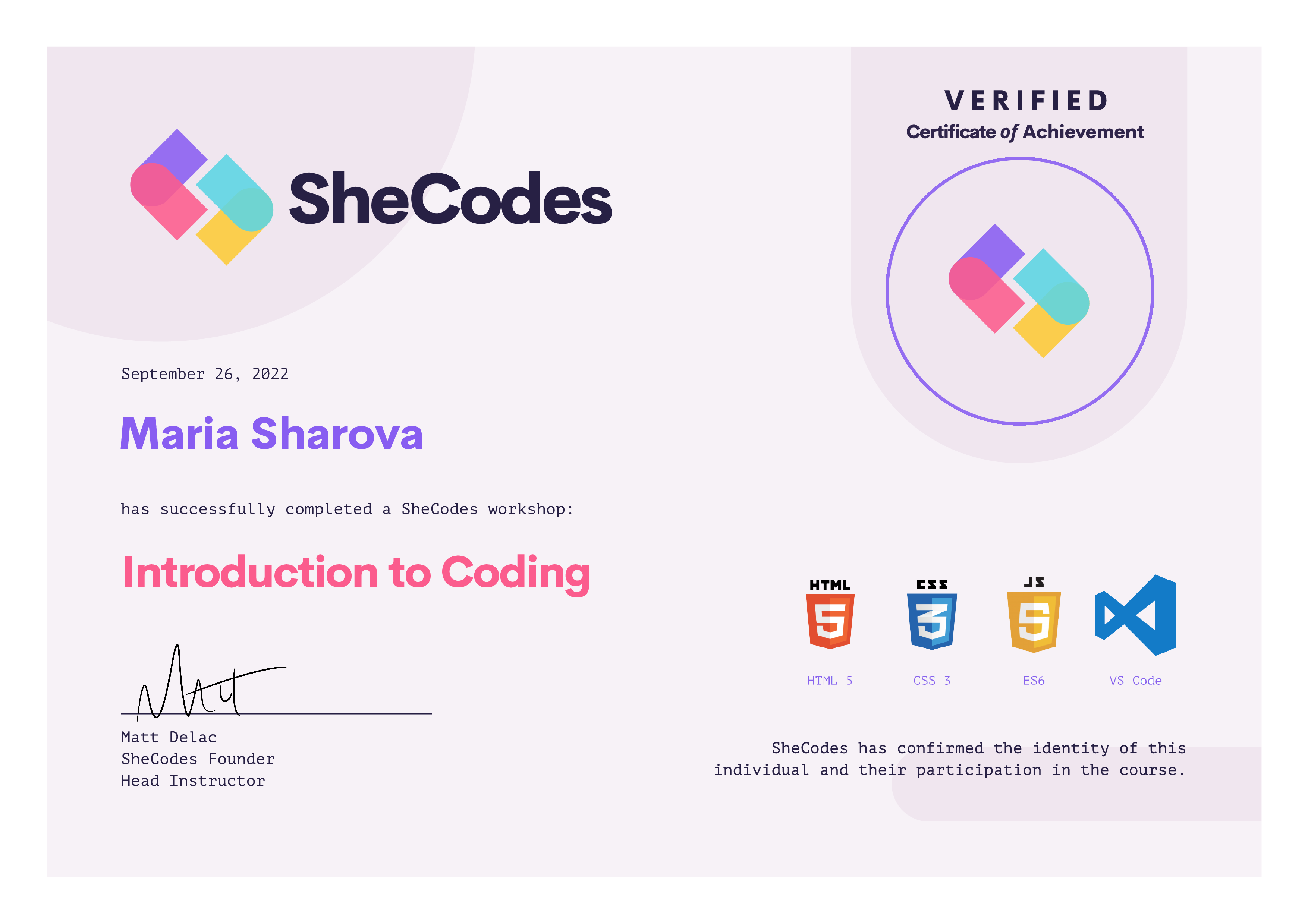 SheCodes Plus certificate