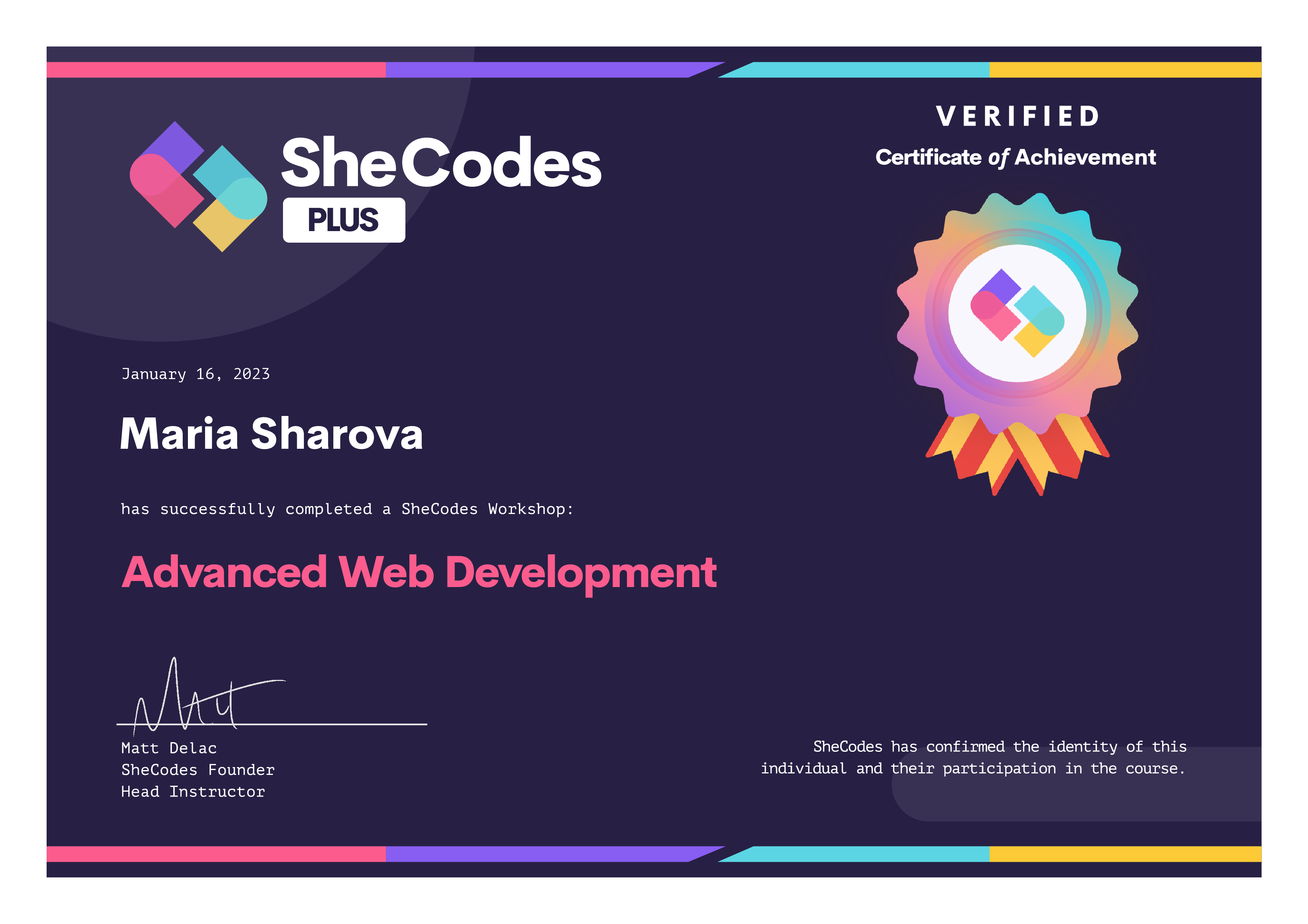 SheCodes Plus certificate