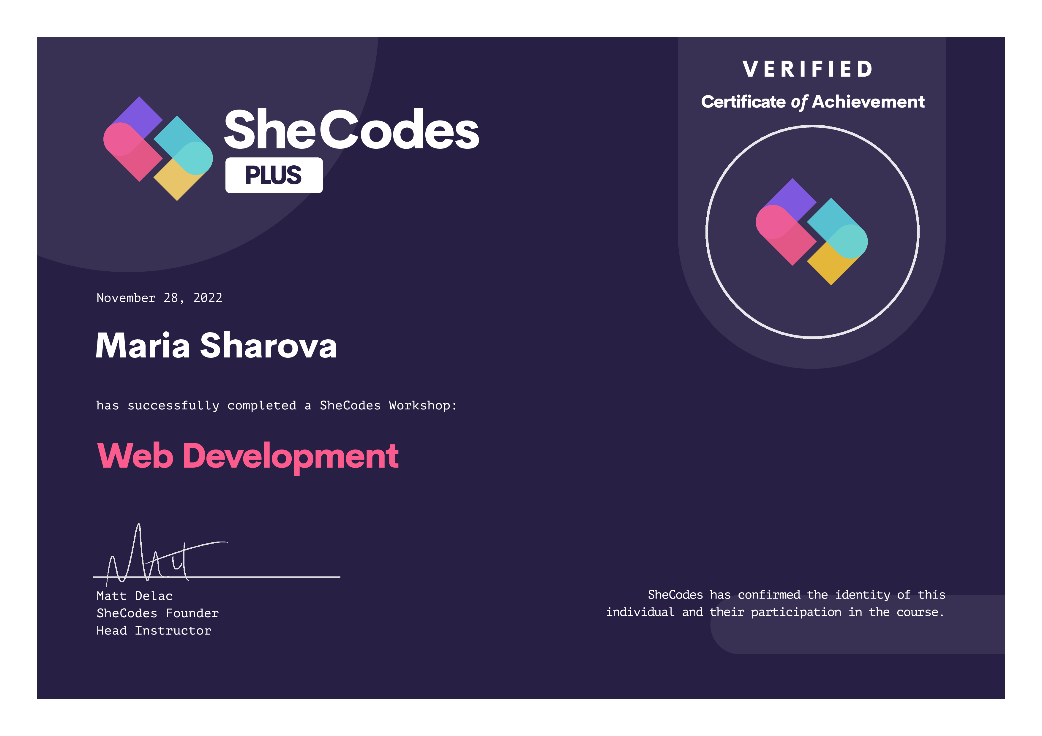 SheCodes Plus certificate