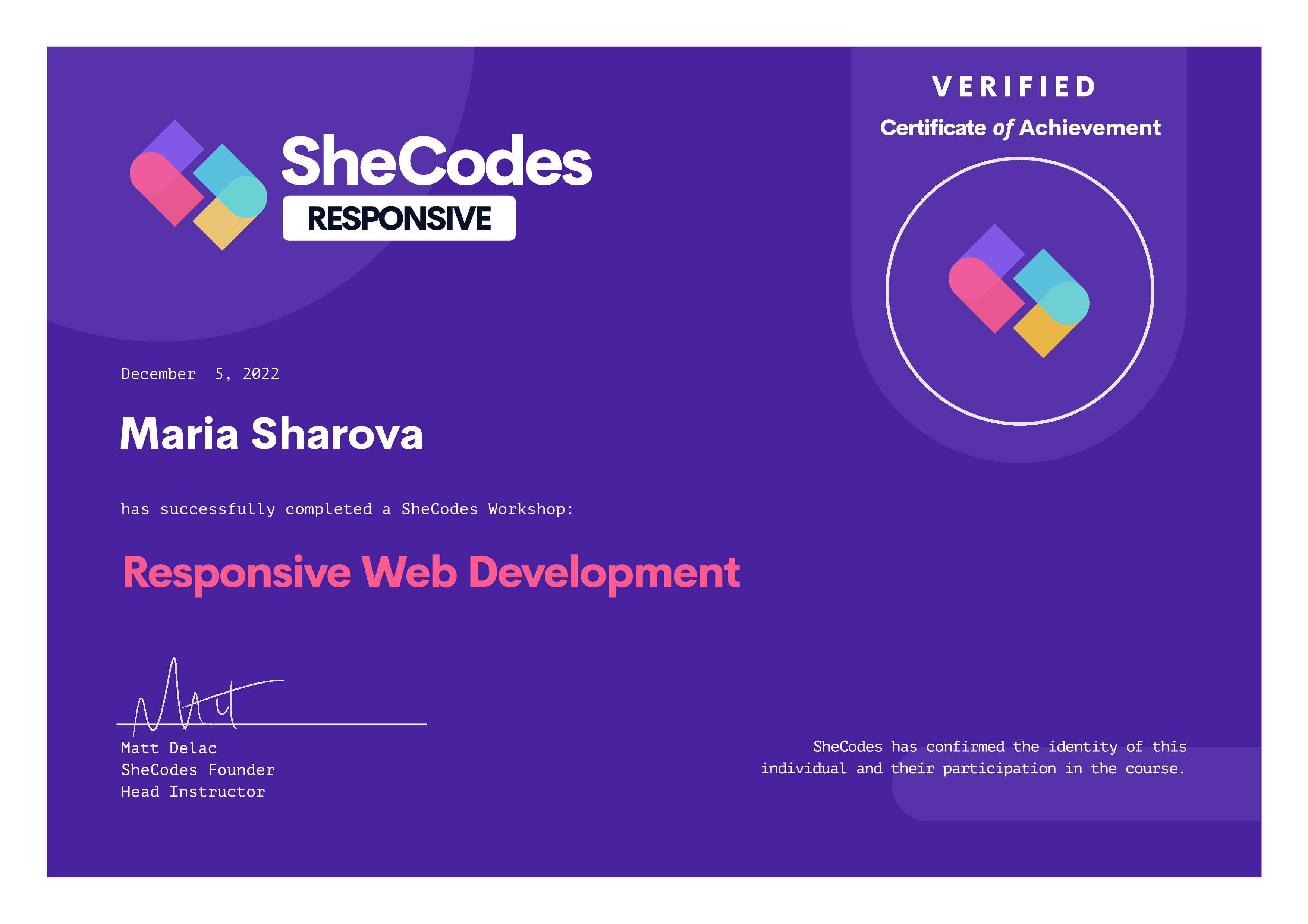 SheCodes Responsive certificate