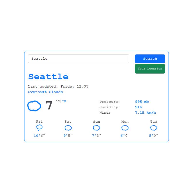 Printscrin: The main view of react weather application made by Maria Sharova