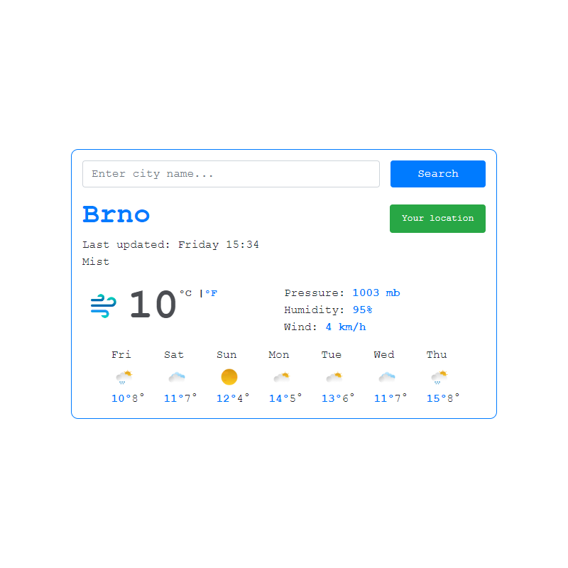 Printscrin: The main view of vanilla javascript weather application made by Maria Sharova